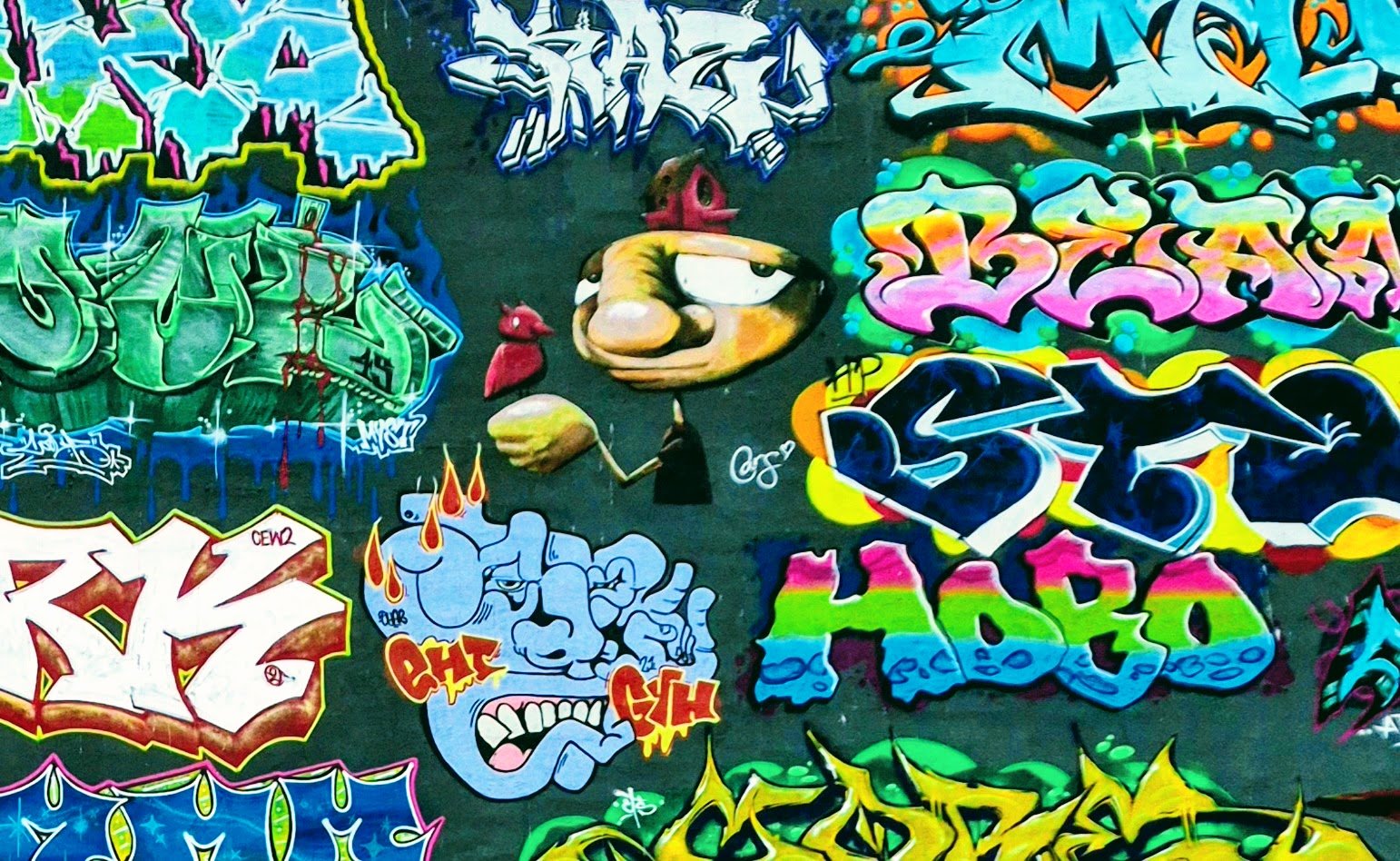 A wall packed edge to edge with graffiti tags and characters